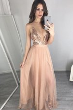 Peach V-neck Neckline Sequins and Pleated Prom Gown Sleeveless Zipper