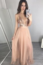 Peach V-neck Neckline Sequins and Pleated Prom Gown Sleeveless Zipper