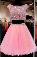 Suitable Tulle Cap Sleeves Mini Length Juniors Party Dress and Beading