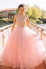 Delicate Scoop Floor Length Zipper Prom Gown Pink and In for Prom and Party with Beading