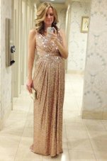 Pleated Floor Length Pink Prom Party Dress V-neck Sleeveless Lace Up