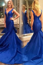 Mermaid V-neck Sleeveless Dress for Prom Court Train Pleated Royal Blue Satin