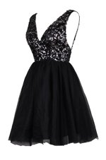 Sequins Black Sleeveless Tulle Backless Juniors Party Dress for Prom