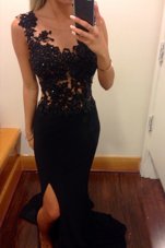 Comfortable Black Mermaid Chiffon Scoop Sleeveless Lace Floor Length Zipper Prom Party Dress