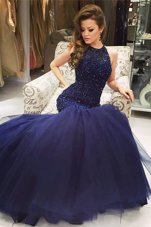 Navy Blue Mermaid Scoop Sleeveless Tulle Floor Length Backless Beading Prom Dress