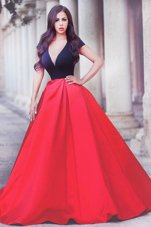 Noble Red And Black A-line Beading Zipper Satin Short Sleeves With Train