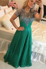 Green Zipper Scoop Beading Prom Dress Lace Short Sleeves