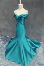 Fantastic Mermaid Satin Sweetheart Sleeveless Brush Train Zipper Ruching Homecoming Dress in Teal