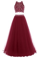 Sexy Burgundy A-line Halter Top Sleeveless Tulle Floor Length Zipper Beading Homecoming Dress