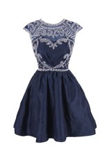 Custom Designed Scoop Navy Blue Cap Sleeves Satin Backless Club Wear for Prom and Party
