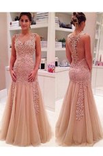 Mermaid Tulle Sleeveless Floor Length and Beading and Appliques