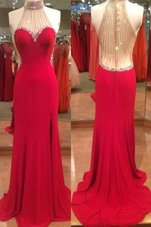 Hot Selling Mermaid Halter Top Sleeveless Satin Floor Length Zipper Prom Dress in Red for with Beading