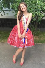 Pretty Red Lace Zipper Strapless Sleeveless Knee Length Club Wear Ruffles