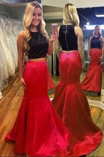 Stunning Mermaid Scoop Floor Length Zipper Prom Evening Gown Red And Black and In for Prom and Party with Ruching