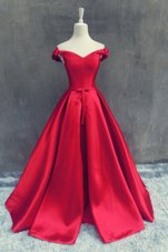 Sumptuous Off the Shoulder Sashes|ribbons and Bowknot Homecoming Dress Red Zipper Short Sleeves With Train Sweep Train