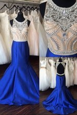 Wonderful Mermaid Scoop Sleeveless Sweep Train Backless Dress for Prom Royal Blue Satin