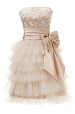 Champagne Ball Gowns Strapless Sleeveless Satin and Tulle Knee Length Zipper Appliques Cocktail Dresses