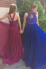 Attractive Scoop Chiffon Sleeveless With Train Prom Party Dress Sweep Train and Beading