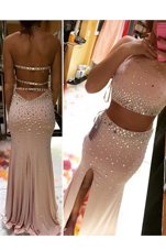Scoop Pink Sleeveless Chiffon Brush Train Backless Prom Dress for Prom and Party