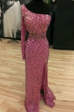 Extravagant Mermaid One Shoulder Long Sleeves Sweep Train Sequins Backless Evening Dress