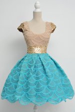 Fantastic Lace Sequins Knee Length Blue Club Wear Scoop Cap Sleeves Zipper