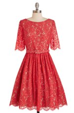 Flirting Scoop Short Sleeves Zipper Party Dress Red Lace