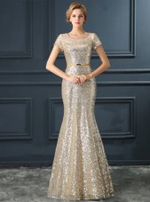Extravagant Mermaid Silver Satin Zipper Scoop Short Sleeves Floor Length Prom Gown Sequins and Belt