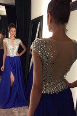 Royal Blue A-line Beading Prom Dress Side Zipper Chiffon Sleeveless