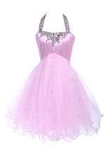 Lilac Ball Gowns Halter Top Sleeveless Tulle Knee Length Lace Up Beading Custom Made