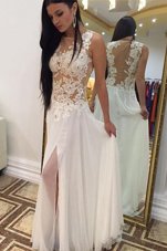 White Zipper Bateau Beading and Lace Prom Party Dress Chiffon Sleeveless