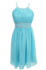 Exceptional Aqua Blue A-line Halter Top Sleeveless Chiffon Knee Length Criss Cross Beading Cocktail Dresses