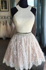 New Arrival Halter Top Sleeveless Womens Party Dresses Knee Length Beading and Lace White Lace