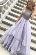 Lavender Zipper Scoop Beading High School Pageant Dress Organza Sleeveless