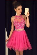 Tulle Scoop Sleeveless Zipper Beading Cocktail Dresses in Hot Pink