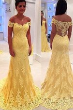 Yellow Prom Dress Prom and Party and For with Lace Off The Shoulder Sleeveless Brush Train Side Zipper