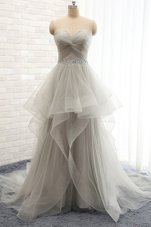 Adorable Sweetheart Sleeveless Pageant Dress Wholesale Court Train Beading Grey Tulle