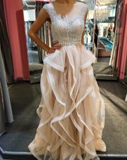 Nice Scoop Beading and Ruffles Pageant Dress Womens Champagne Zipper Sleeveless Floor Length