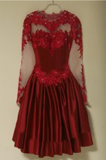 Wine Red A-line Scoop Long Sleeves Satin Knee Length Zipper Appliques Party Dress Wholesale