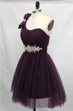 Purple A-line Tulle One Shoulder Sleeveless Beading Knee Length Lace Up Cocktail Dresses