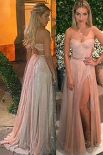 Pink Prom Dresses V-neck Sleeveless Sweep Train Backless