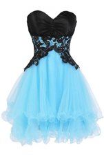 Mini Length Blue And Black Club Wear Tulle Sleeveless Appliques