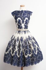 High Quality Scalloped Cap Sleeves Zipper Cocktail Dresses Navy Blue Tulle