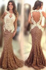 Sumptuous Mermaid Lace Brown Scoop Neckline Appliques Prom Dress Sleeveless Backless