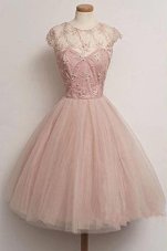 Pink A-line Scoop Cap Sleeves Tulle Knee Length Zipper Appliques Club Wear