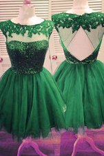 Eye-catching Dark Green A-line Tulle Bateau Sleeveless Beading Knee Length Backless Womens Party Dresses