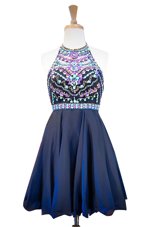 Halter Top Navy Blue A-line Beading Party Dresses Side Zipper Chiffon Sleeveless Mini Length