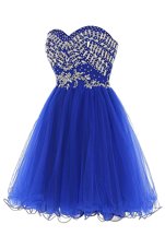 Fitting Sweetheart Sleeveless Cocktail Dresses Mini Length Beading Royal Blue Tulle
