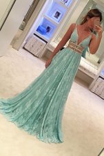 Fashion Mermaid Blue Tulle Backless Prom Evening Gown Sleeveless With Train Sweep Train Beading and Appliques