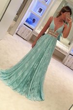 Free and Easy Apple Green A-line V-neck Sleeveless Lace Sweep Train Zipper Beading Prom Gown