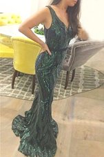 Mermaid Dark Green V-neck Zipper Sashes|ribbons Sweep Train Sleeveless